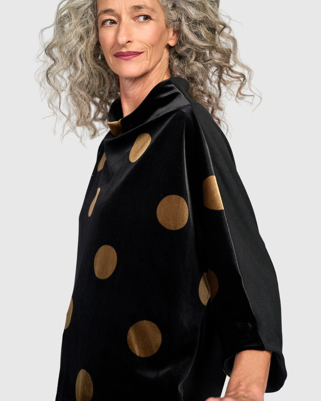 Everyday Velvet Funnel Pullover, Black/Gold Dot