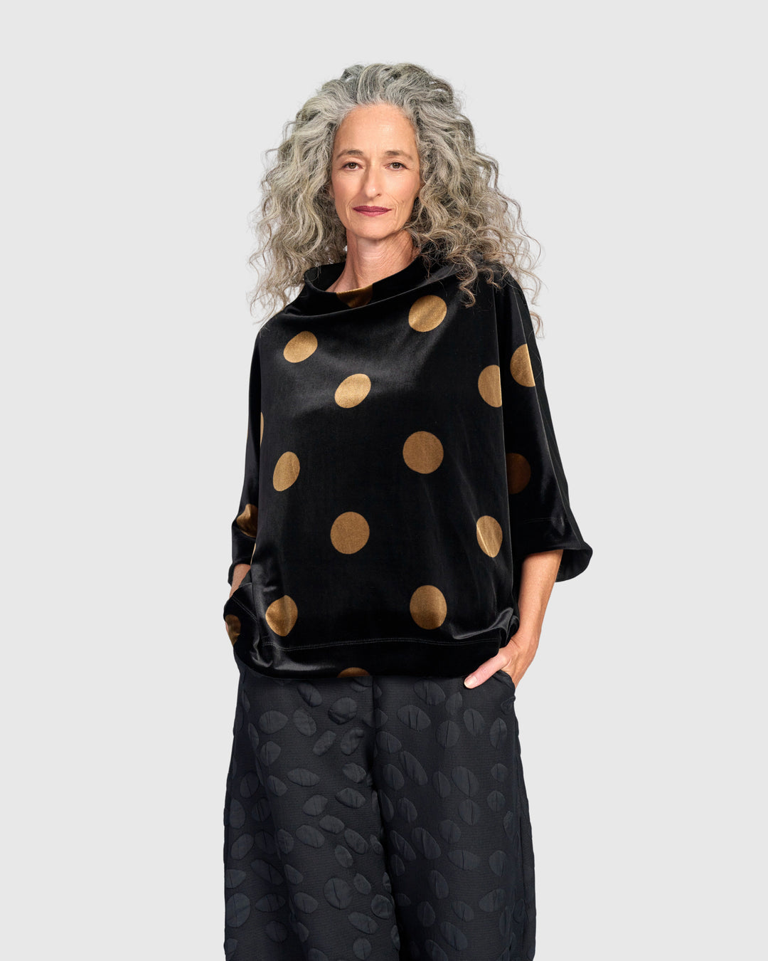 Everyday Velvet Funnel Pullover, Black/Gold Dot
