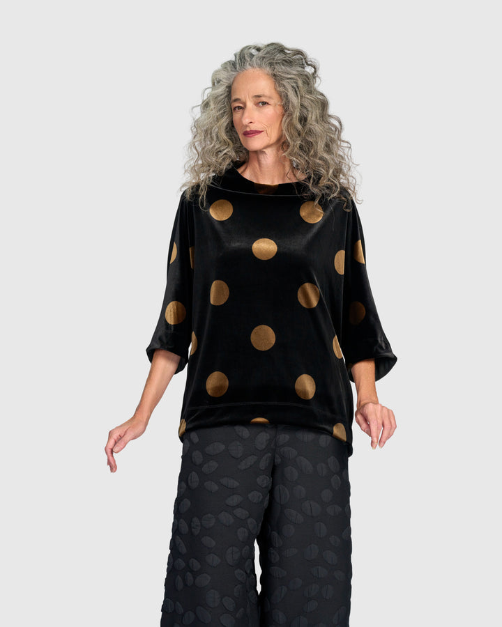 Everyday Velvet Funnel Pullover, Black/Gold Dot