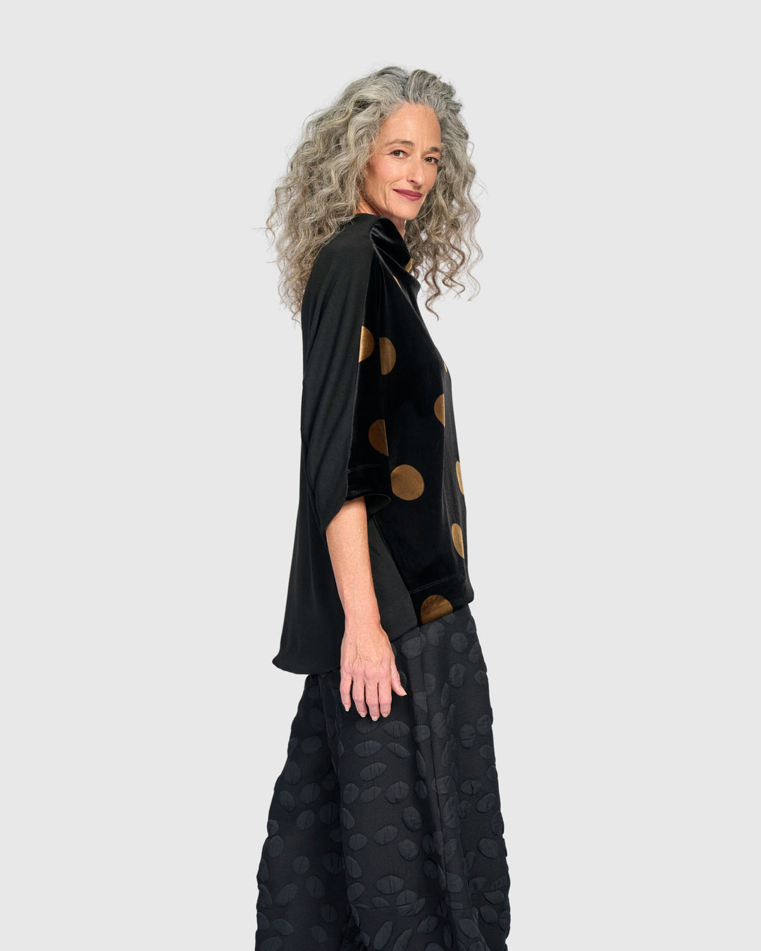 Everyday Velvet Funnel Pullover, Black/Gold Dot