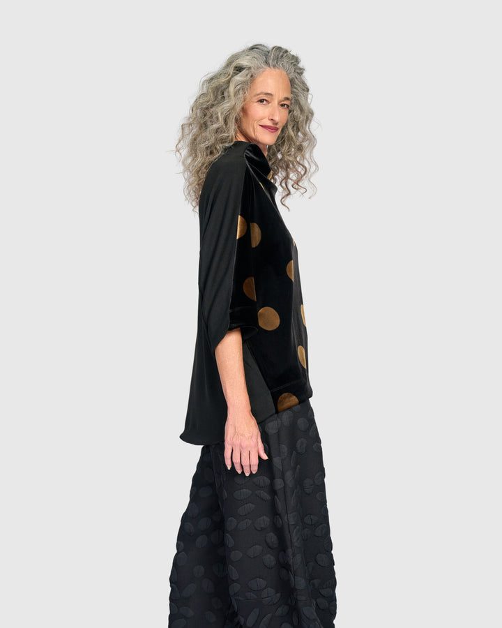 Everyday Velvet Funnel Pullover, Black/Gold Dot