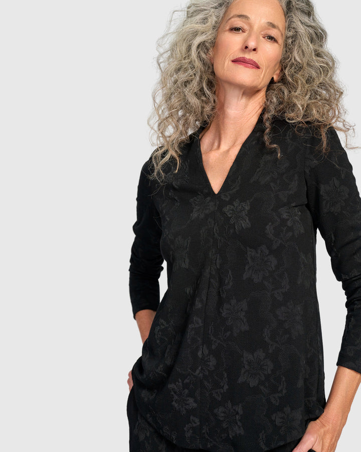 Keepsake V-Neck Top, Black Flora