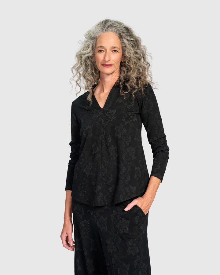 Keepsake V-Neck Top, Black Flora