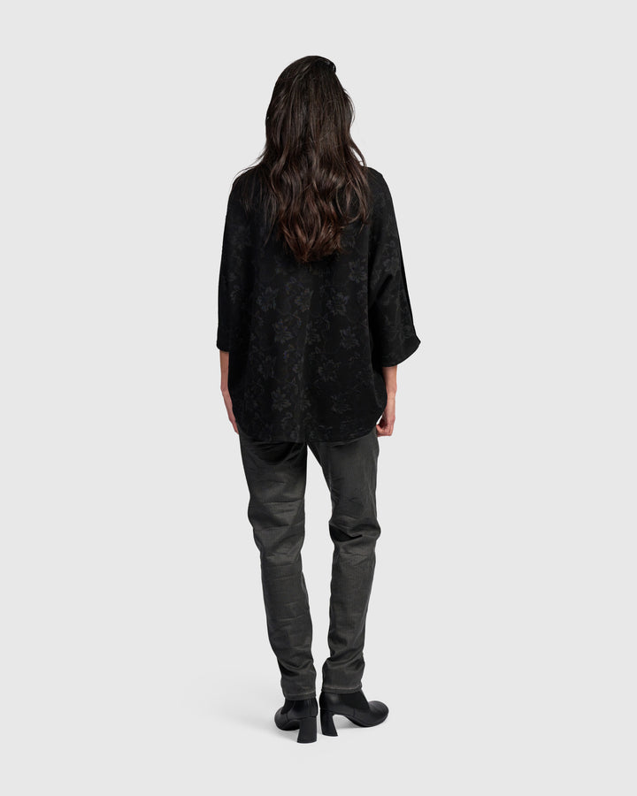 Aster Funnel Pullover Top, Black Flora