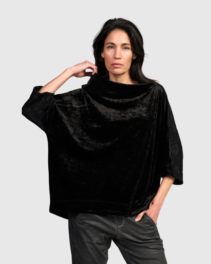 Aster Funnel Pullover Top, Black Flora