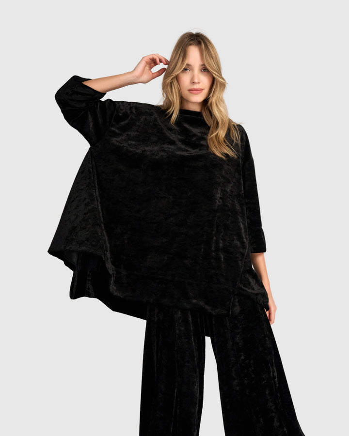 Crushed Velvet Trapeze Top, Black