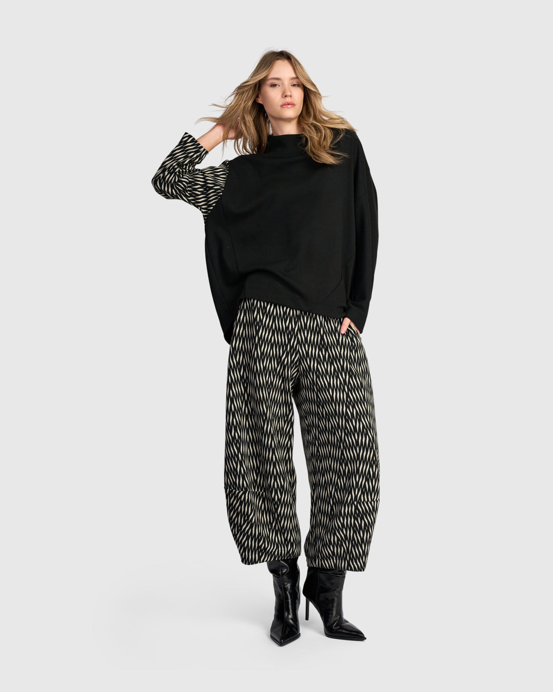 Cadence Funnel Pullover Top, Black/Zebra
