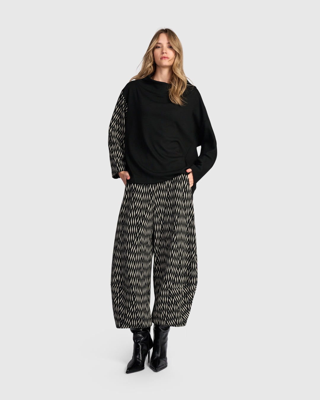 Cadence Funnel Pullover Top, Black/Zebra
