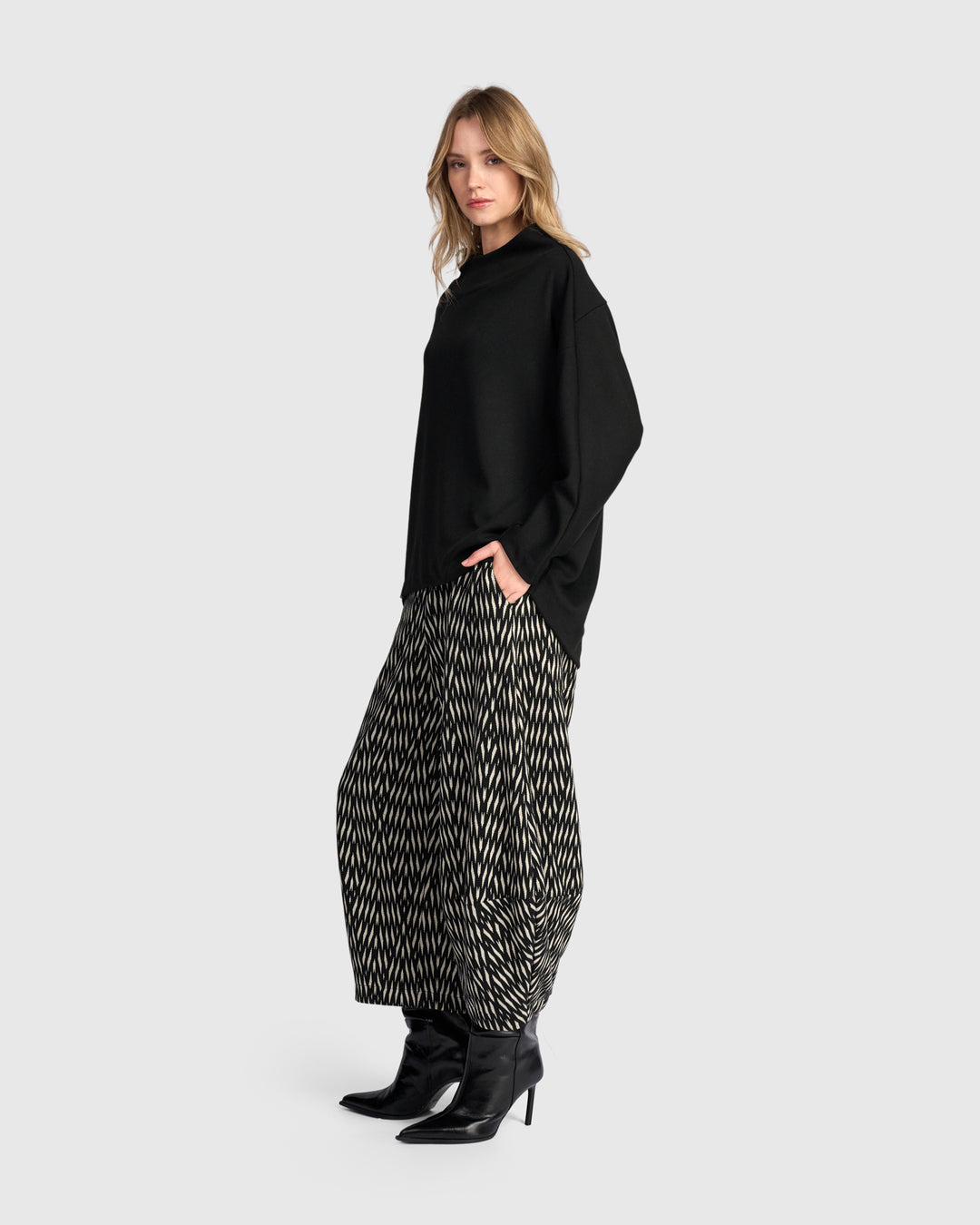 Cadence Funnel Pullover Top, Black/Zebra