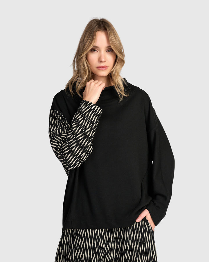 Cadence Funnel Pullover Top, Black/Zebra