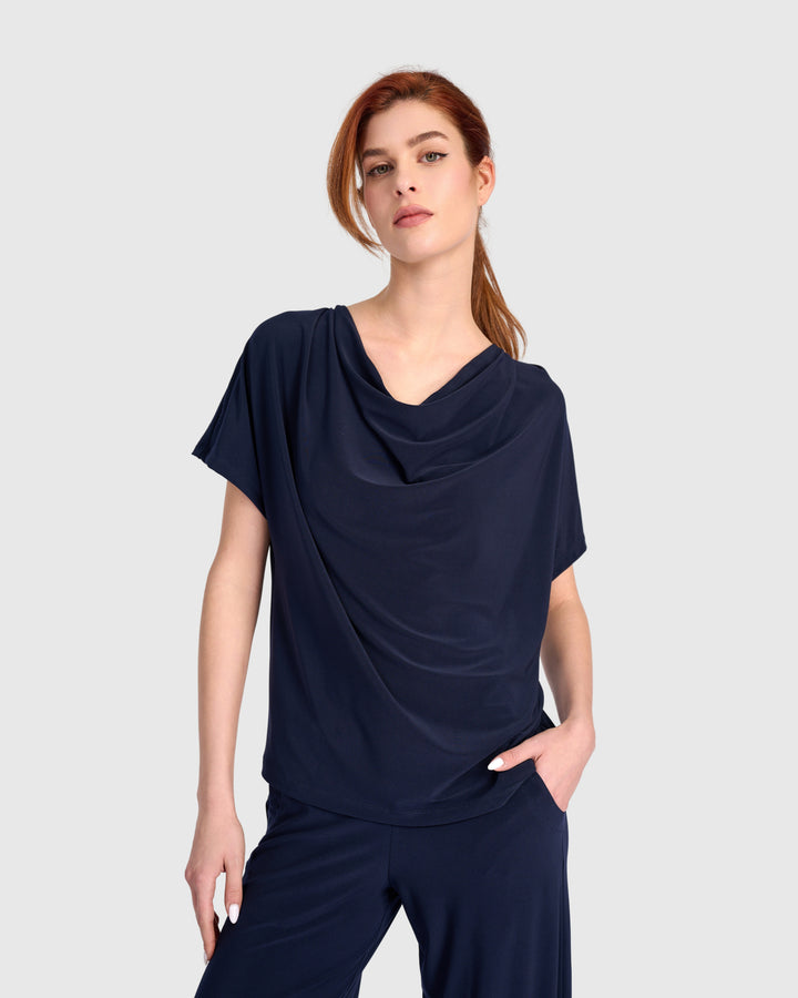 Fluid Slinky Cowl Top, Navy