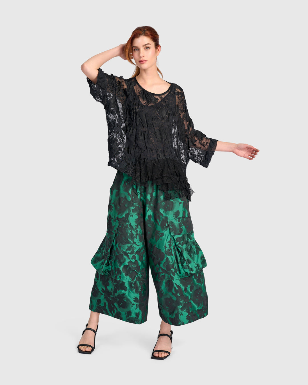 Jacquard Wide Cargo Pants, Emerald