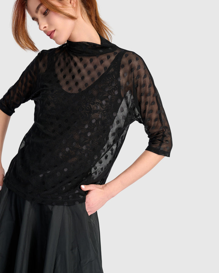 Smolder Mockneck Top, Black Mesh