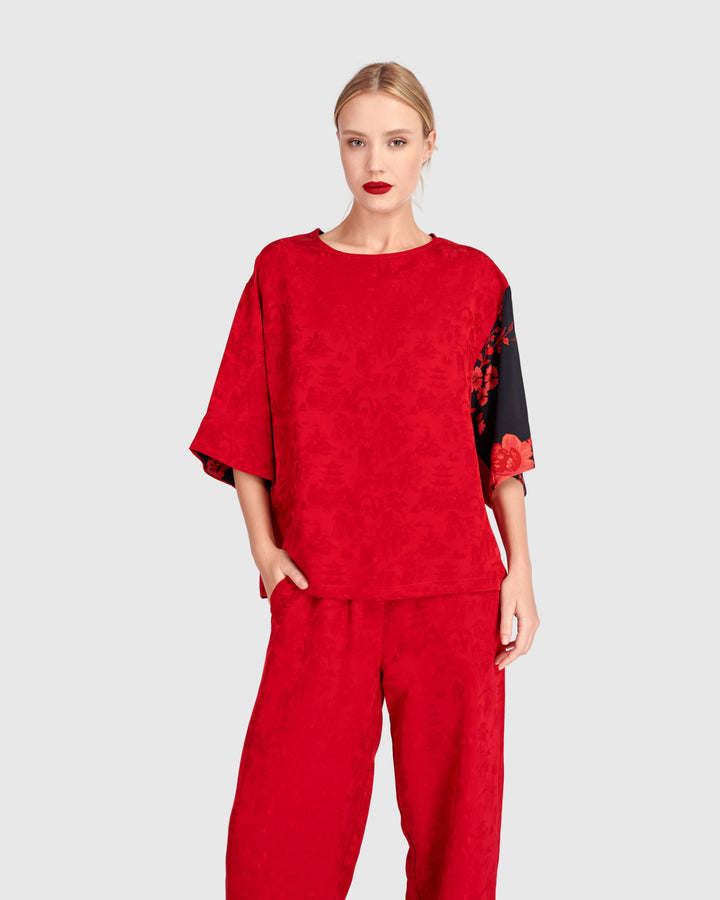 Tono Boxy Top, Red Jacquard