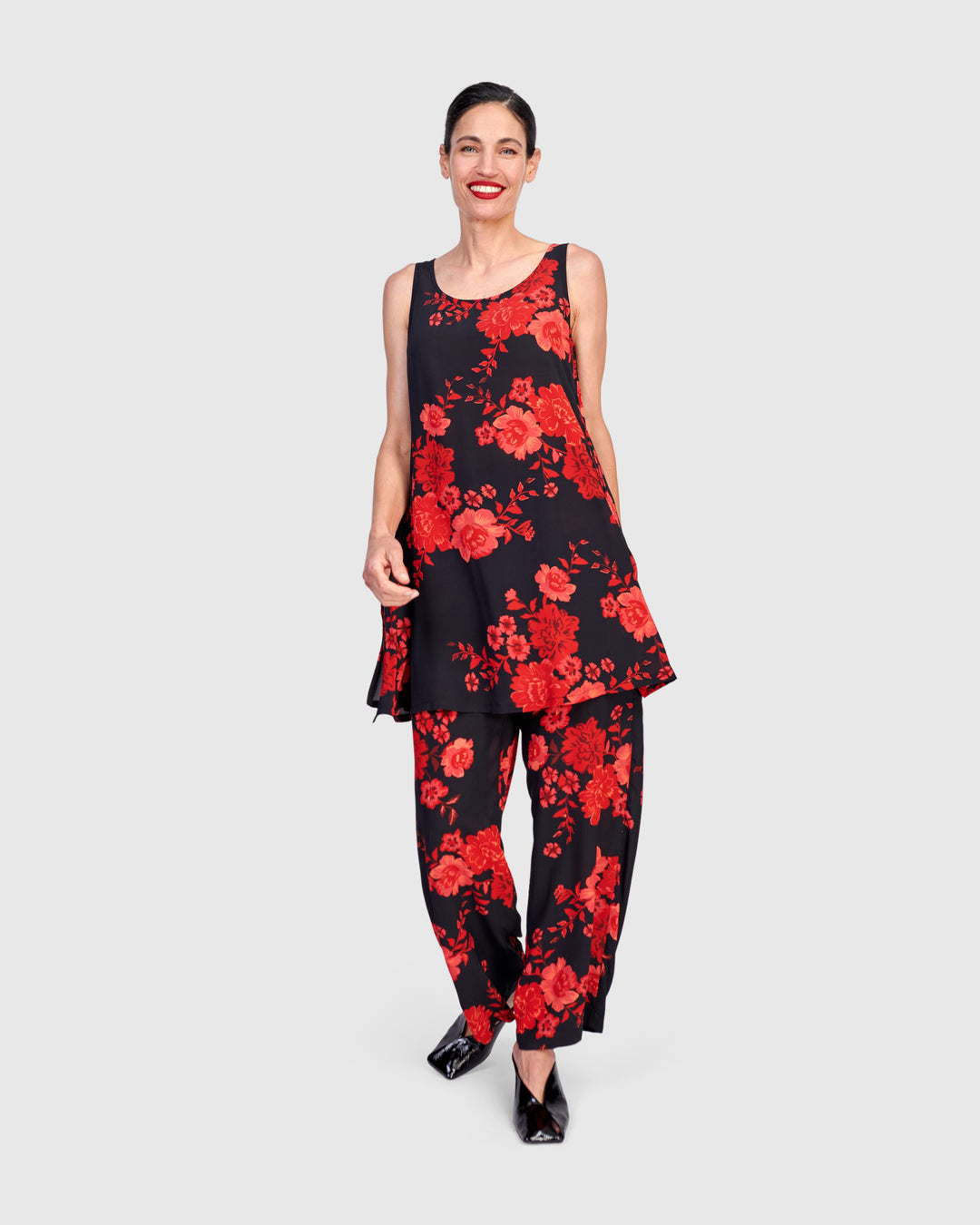 Iki Chiffon Tank, Black/Red Peony