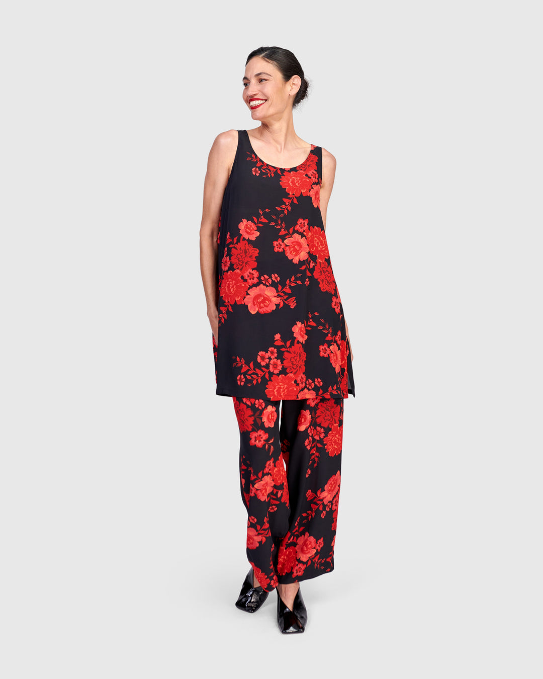 Iki Chiffon Tank, Black/Red Peony