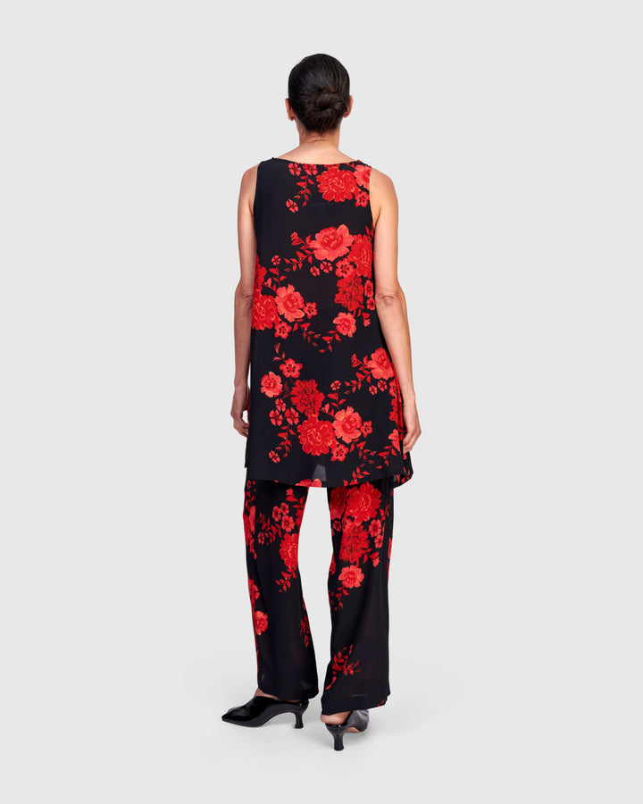 Iki Chiffon Tank, Black/Red Peony