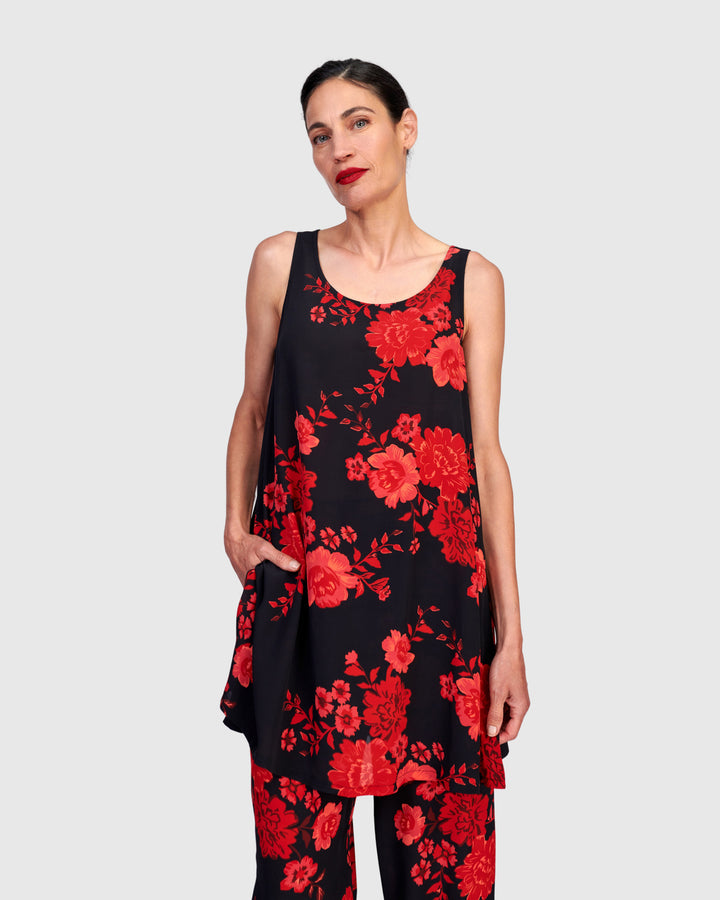 Iki Chiffon Tank, Black/Red Peony