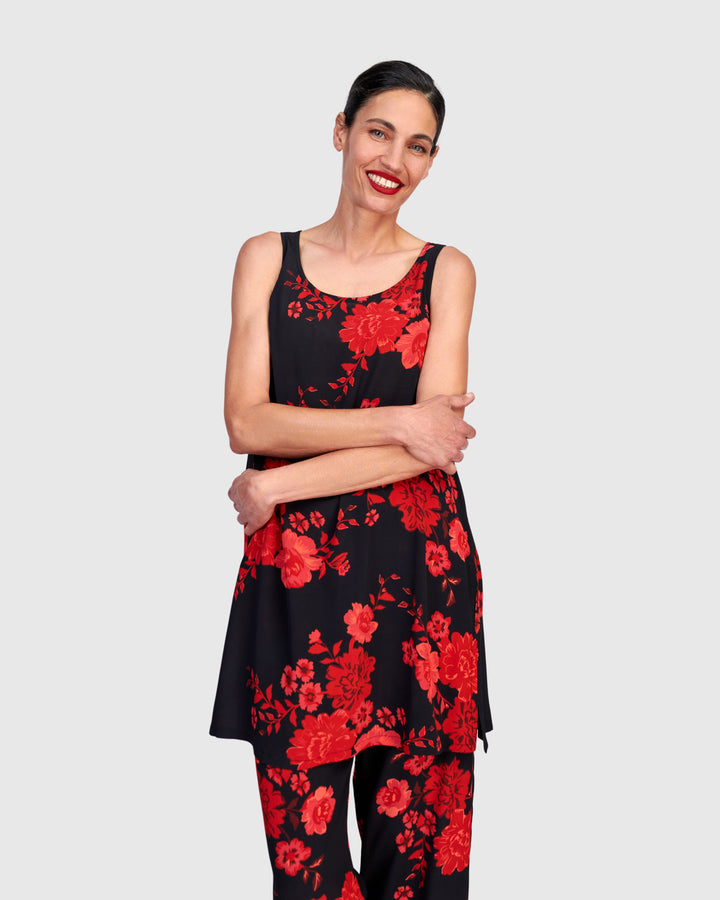 Iki Chiffon Tank, Black/Red Peony