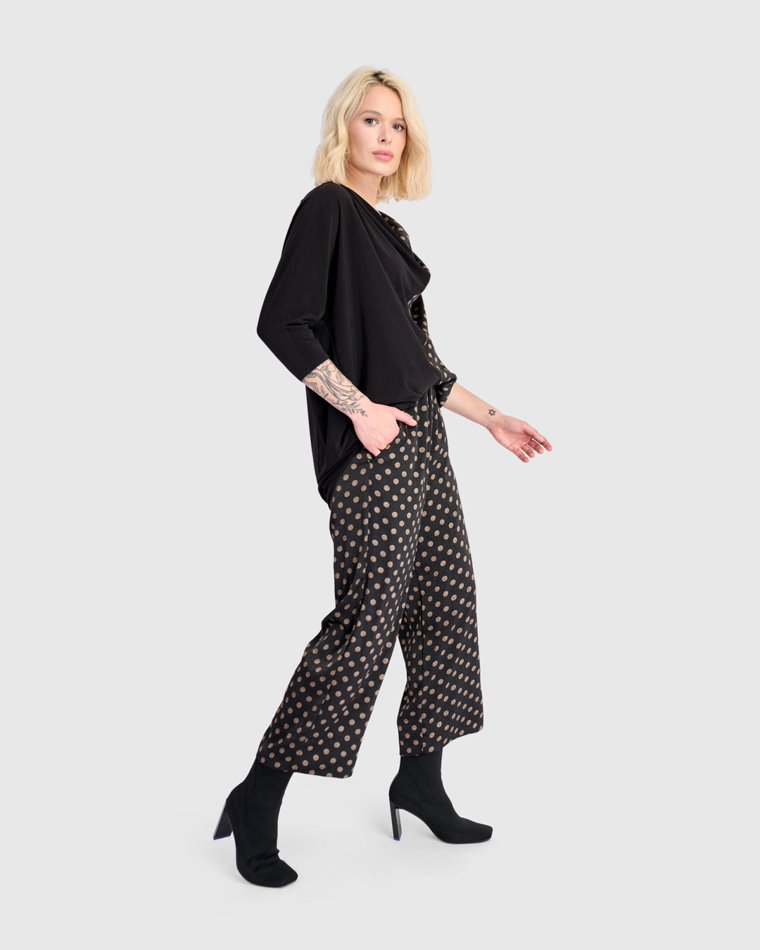 Coupe Draped Top, Black/Bronze Dots