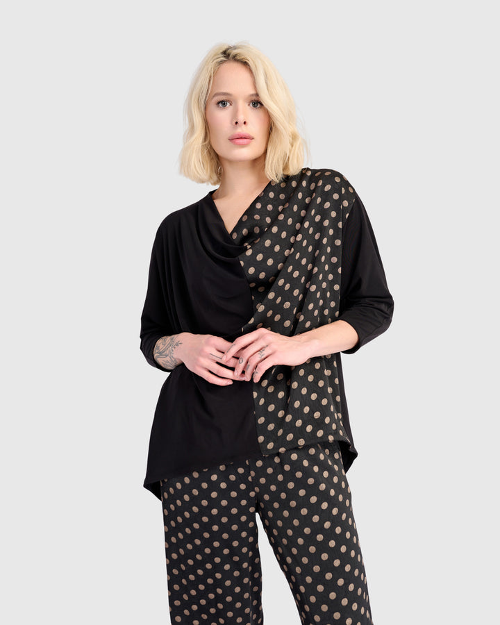 Coupe Draped Top, Black/Bronze Dots