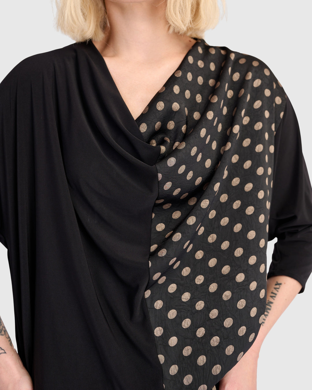 Coupe Draped Top, Black/Bronze Dots