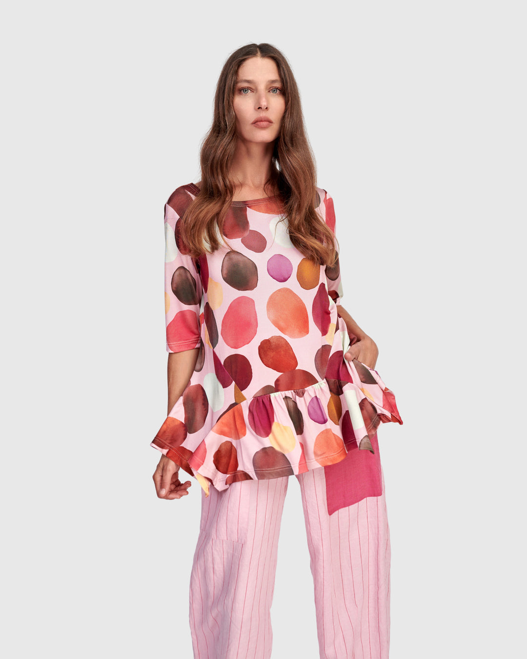 Addison Flouncy Tee, Magenta Dots