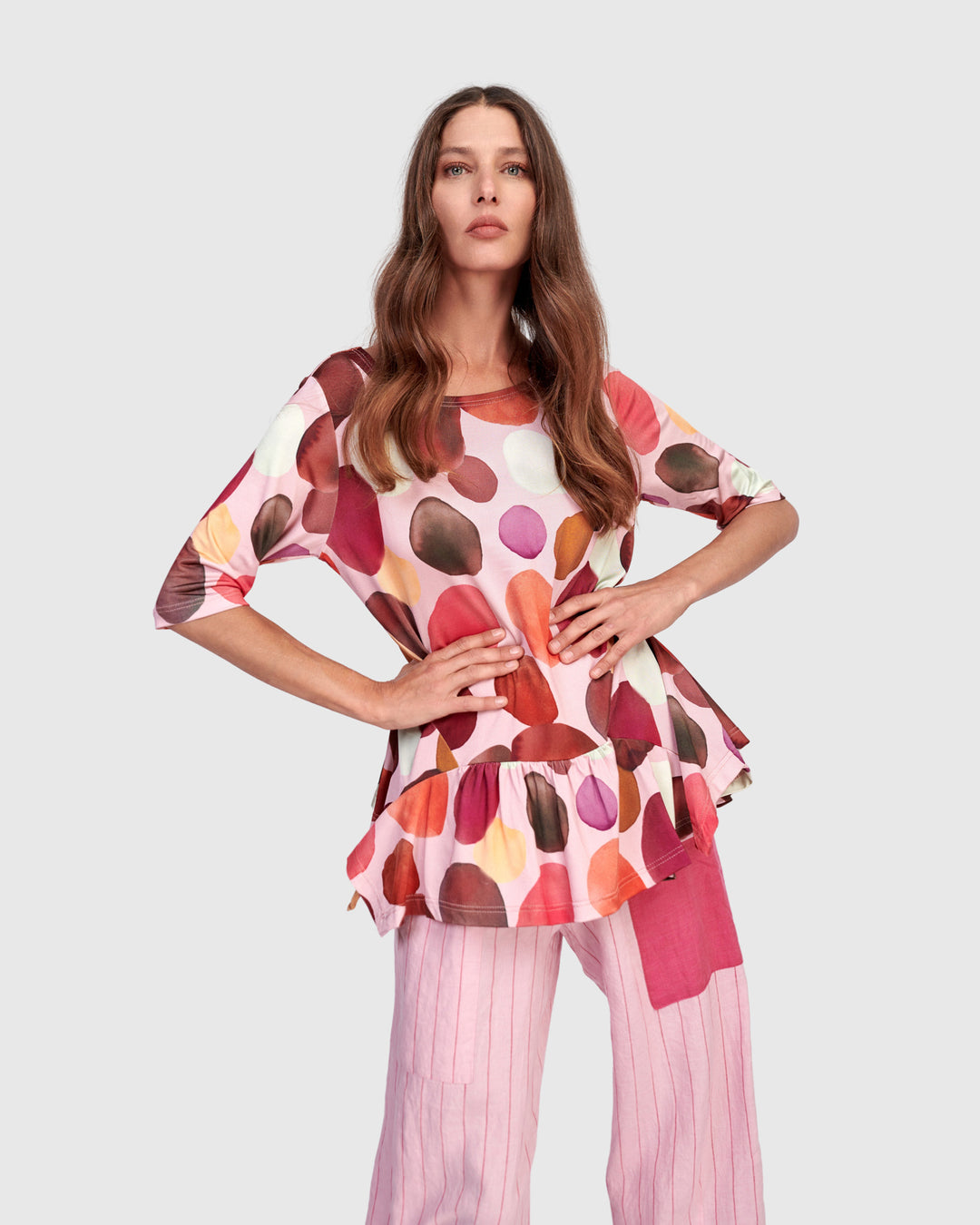 Addison Flouncy Tee, Magenta Dots