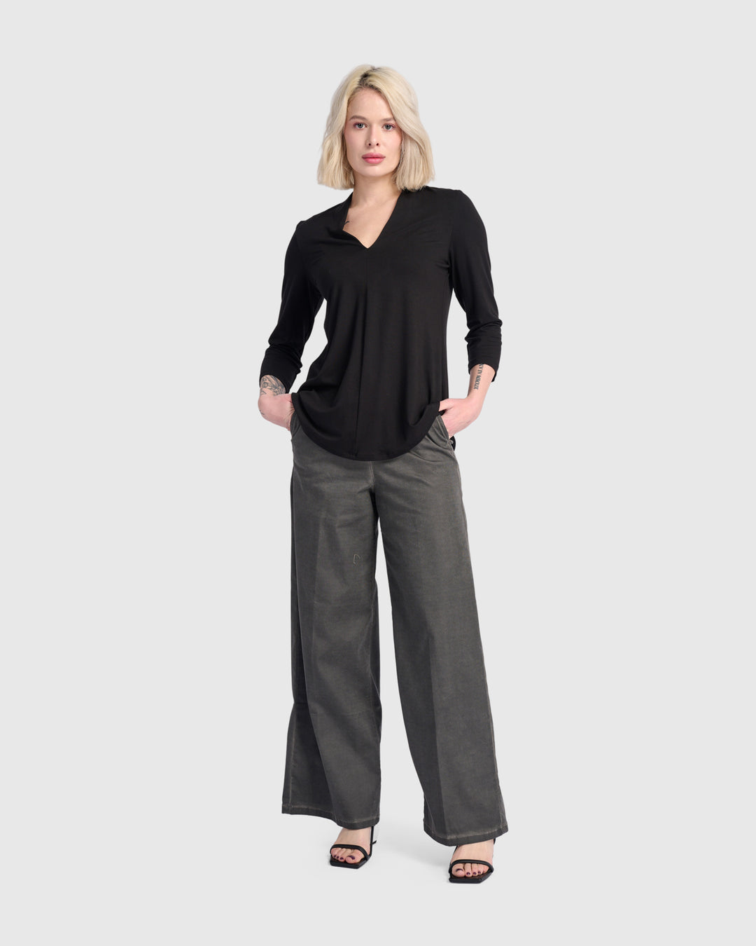 Washed Wide Leg Stretch Jeans, Steel