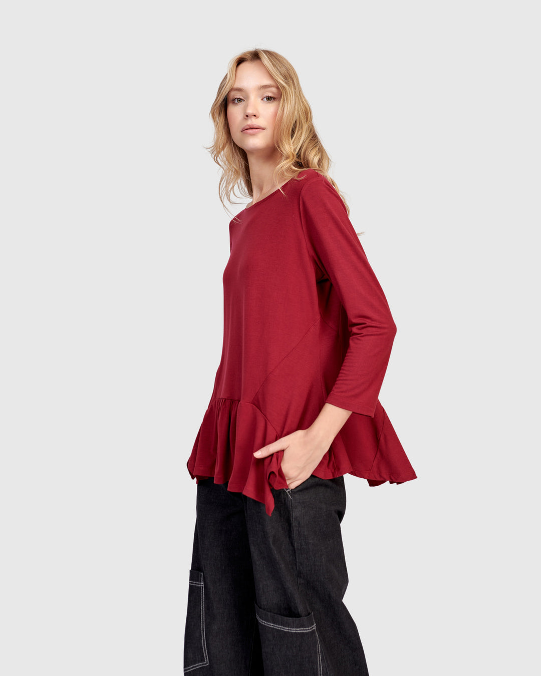 Addison 3/4 Sleeve Flouncy Tee, Maroon