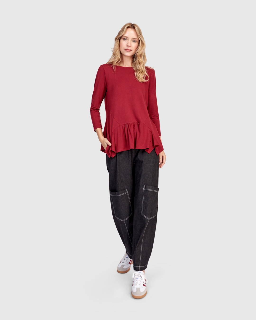Addison 3/4 Sleeve Flouncy Tee, Maroon