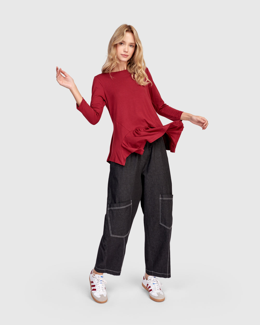 Addison 3/4 Sleeve Flouncy Tee, Maroon