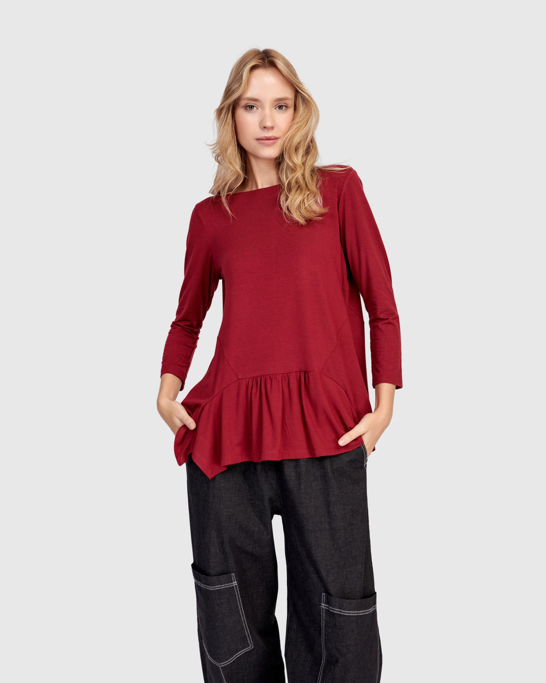 Addison 3/4 Sleeve Flouncy Tee, Maroon
