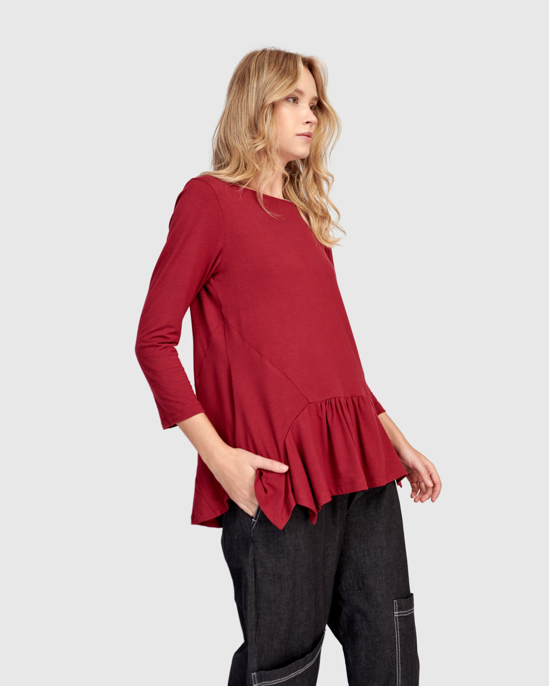 Addison 3/4 Sleeve Flouncy Tee, Maroon