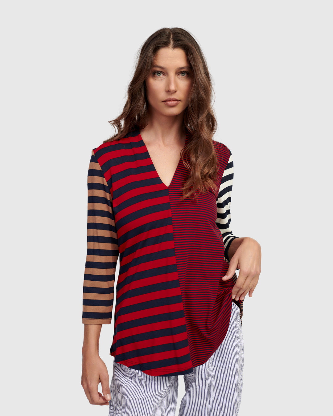 Theodora V-neck Top, Stripes