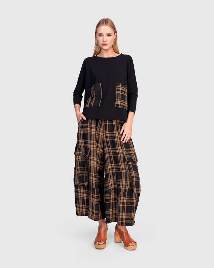 Linen Wide Cargo Pants, Sepia Plaid