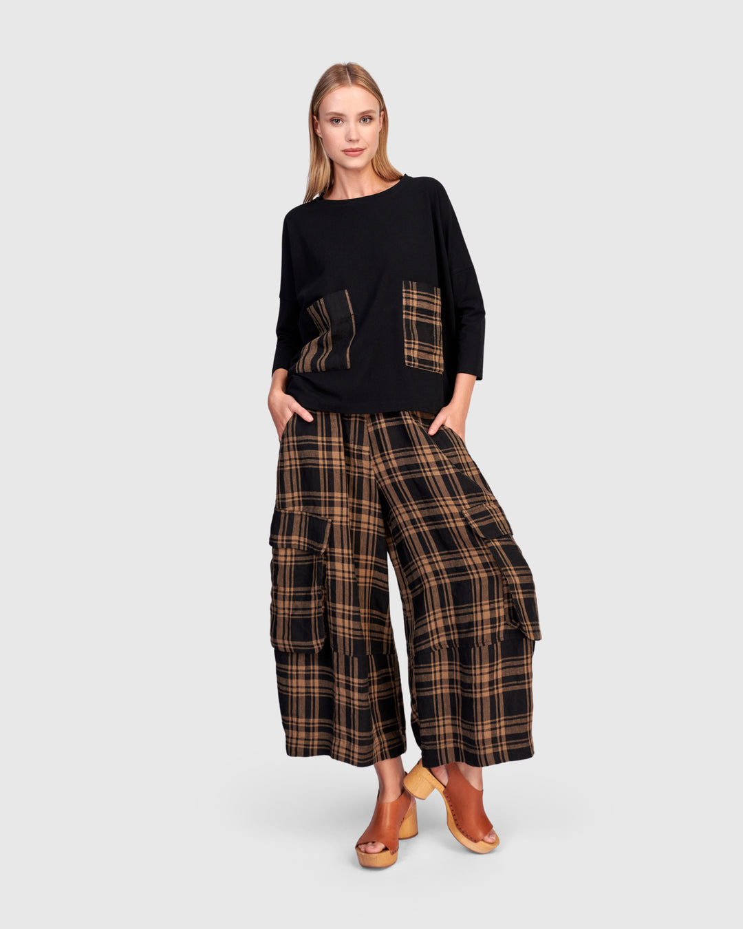 Linen Wide Cargo Pants, Sepia Plaid