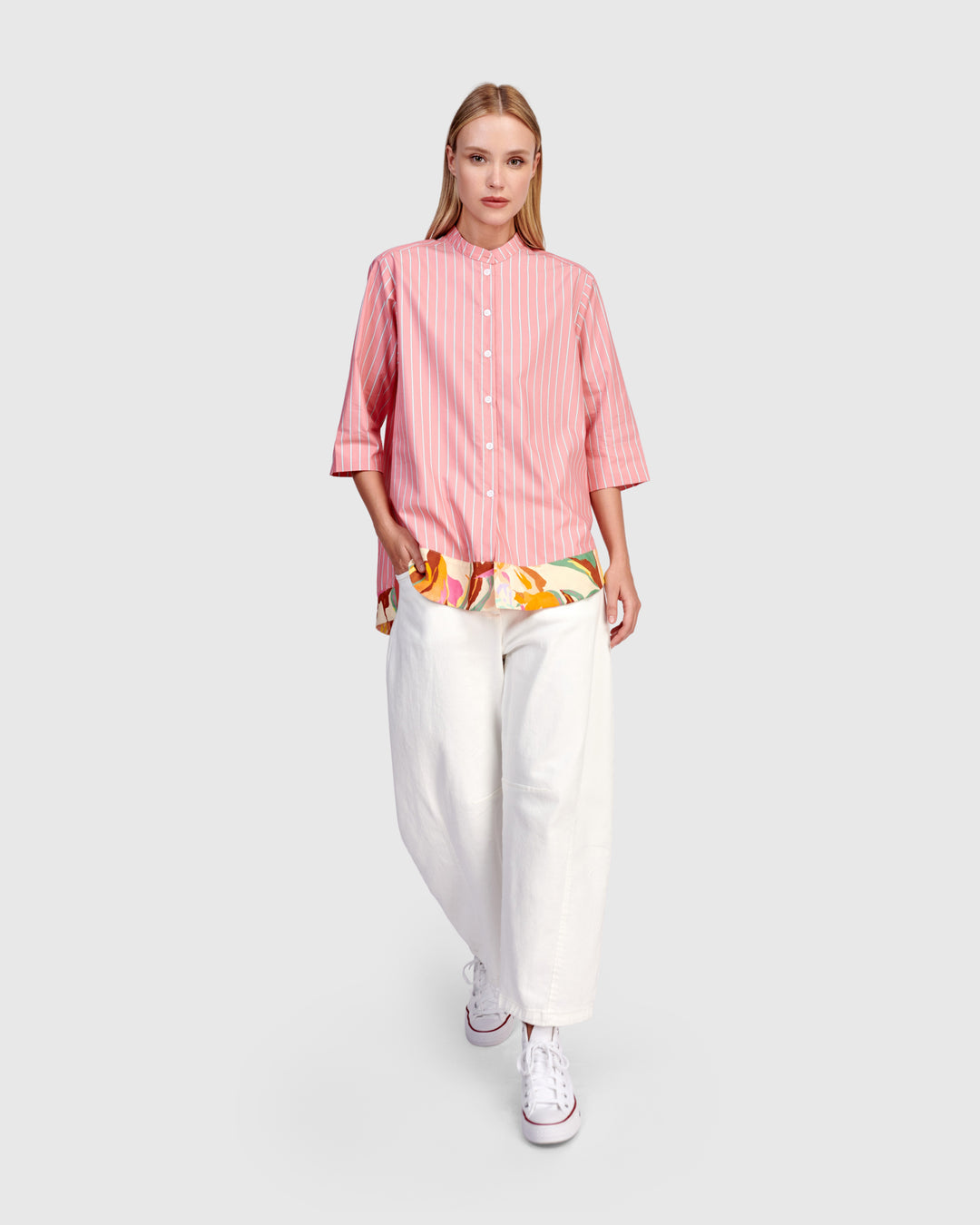 Jasmine Collarless Shirt, Blush