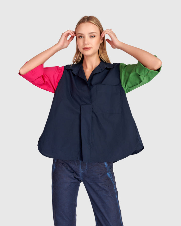 Poolside Popover Top, Navy Multi