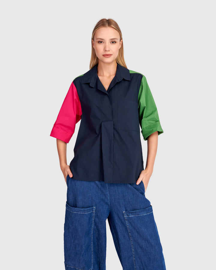 Poolside Popover Top, Navy Multi