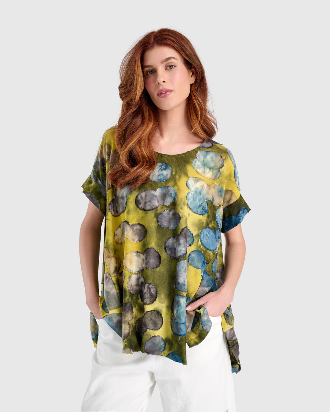 Sun Soaked Trapeze Top, Gold/Ocean Dots