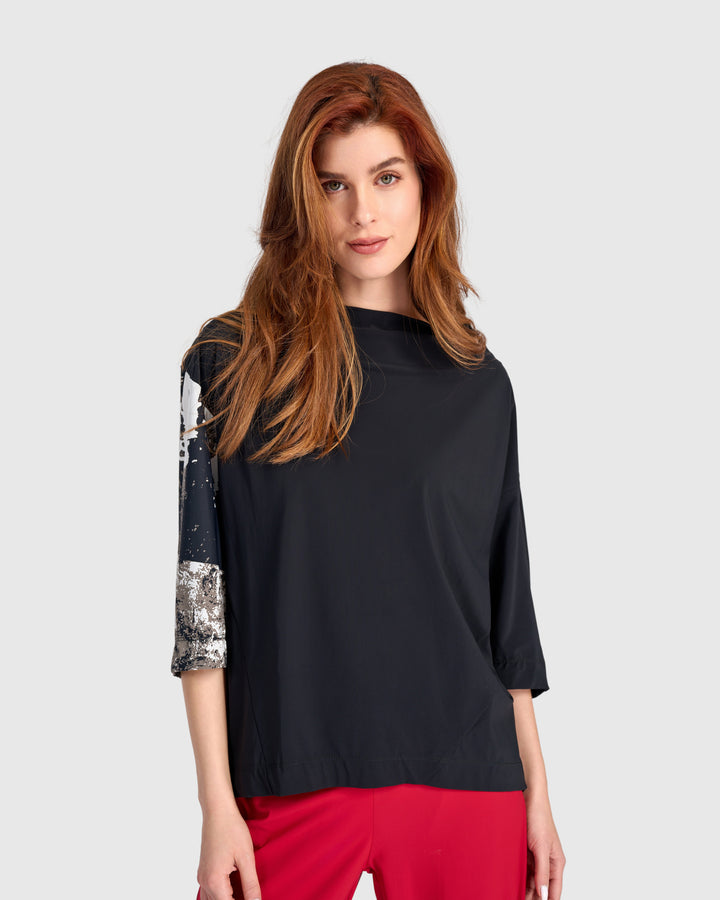 Tekbika Funnel Pullover Top, Black Graphic