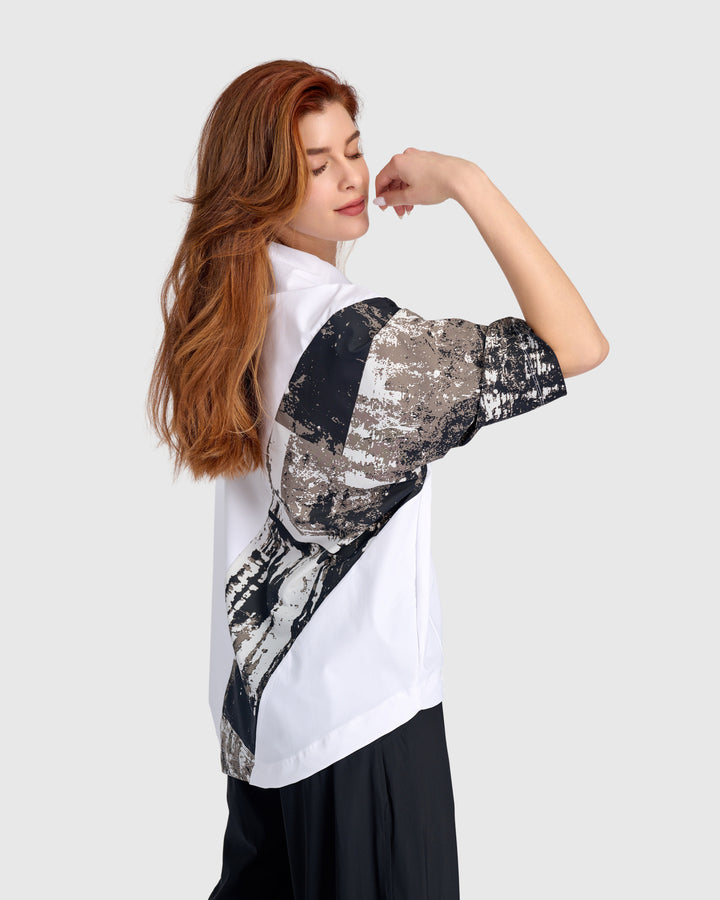 Tekbika Funnel Pullover Top, White Graphic