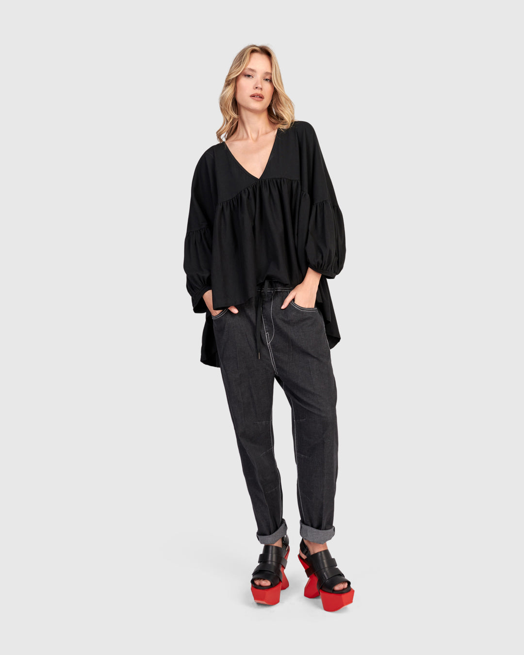 Urban Trapeze Puff Top, Black
