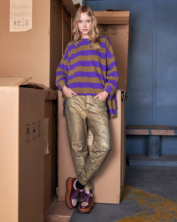 Metallic Boyfriend Jogger Jeans, Gold