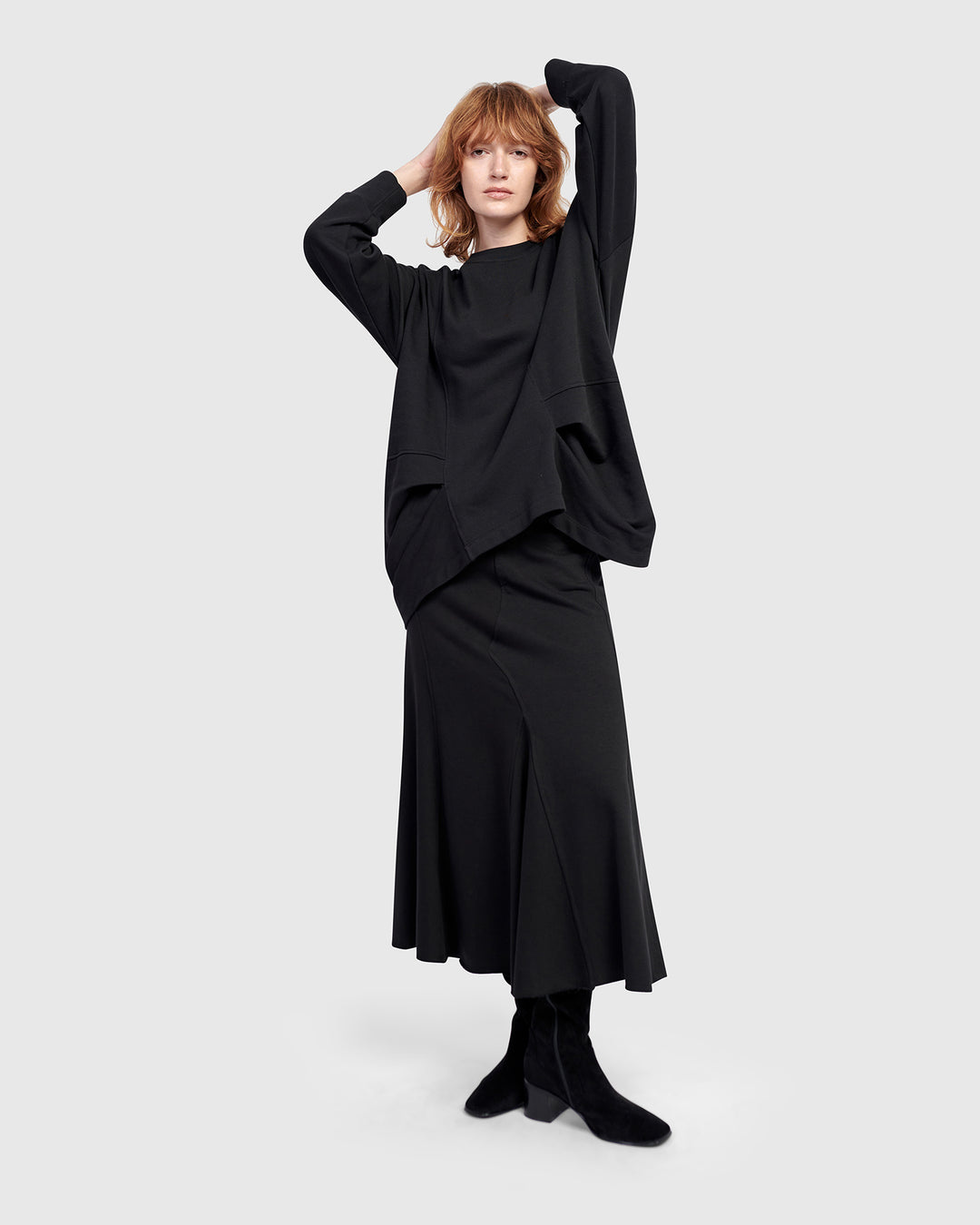 Terry Pieced Maxi Skirt, Black