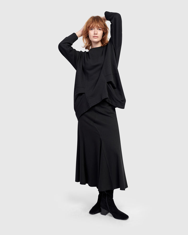 Terry Pieced Maxi Skirt, Black