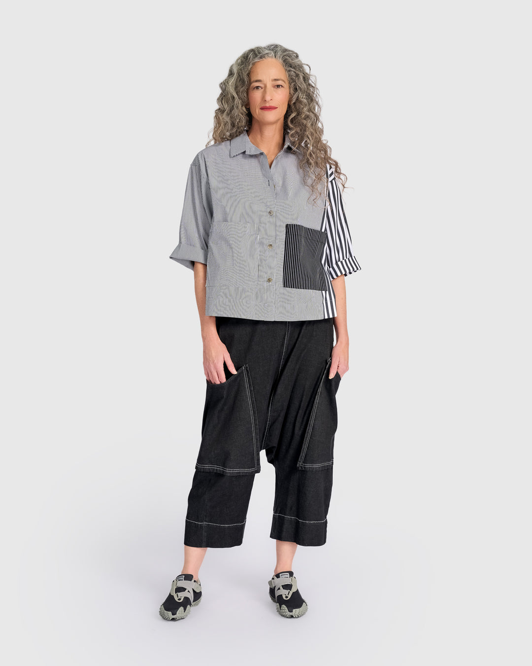 Layla Box Shirt, Black/White Stripe