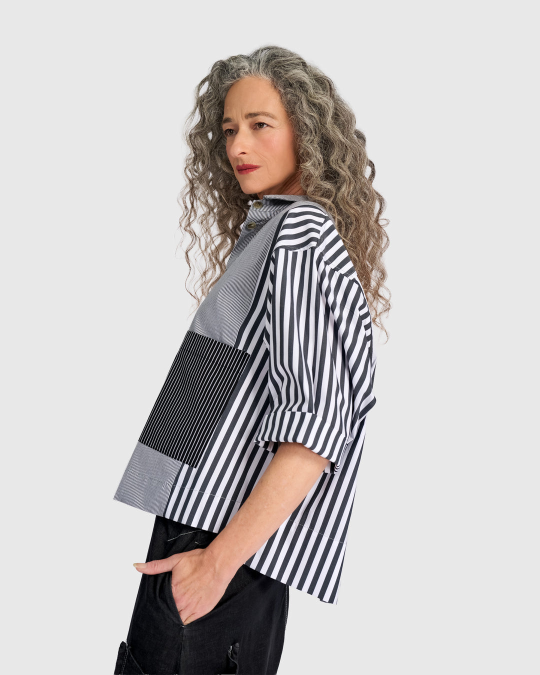 Layla Box Shirt, Black/White Stripe