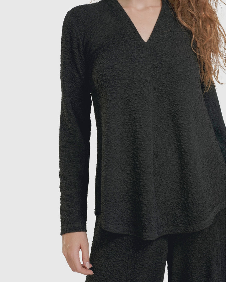 Jacquard V-Neck Tunic Top, Black